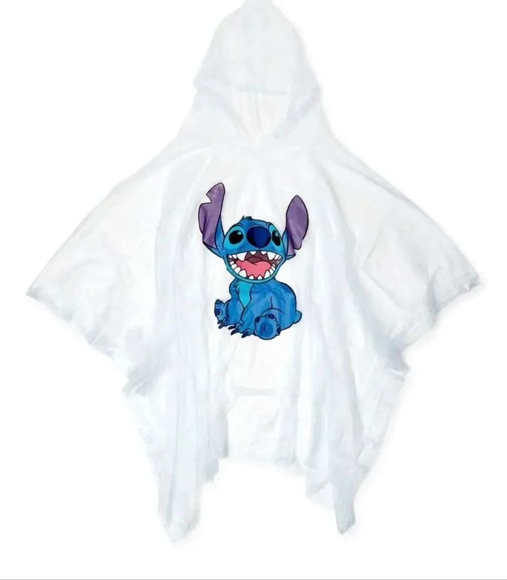 Disney Stitch Kids Clear Rain Poncho Hooded Waterproof Lightweight Raincoat NWOT